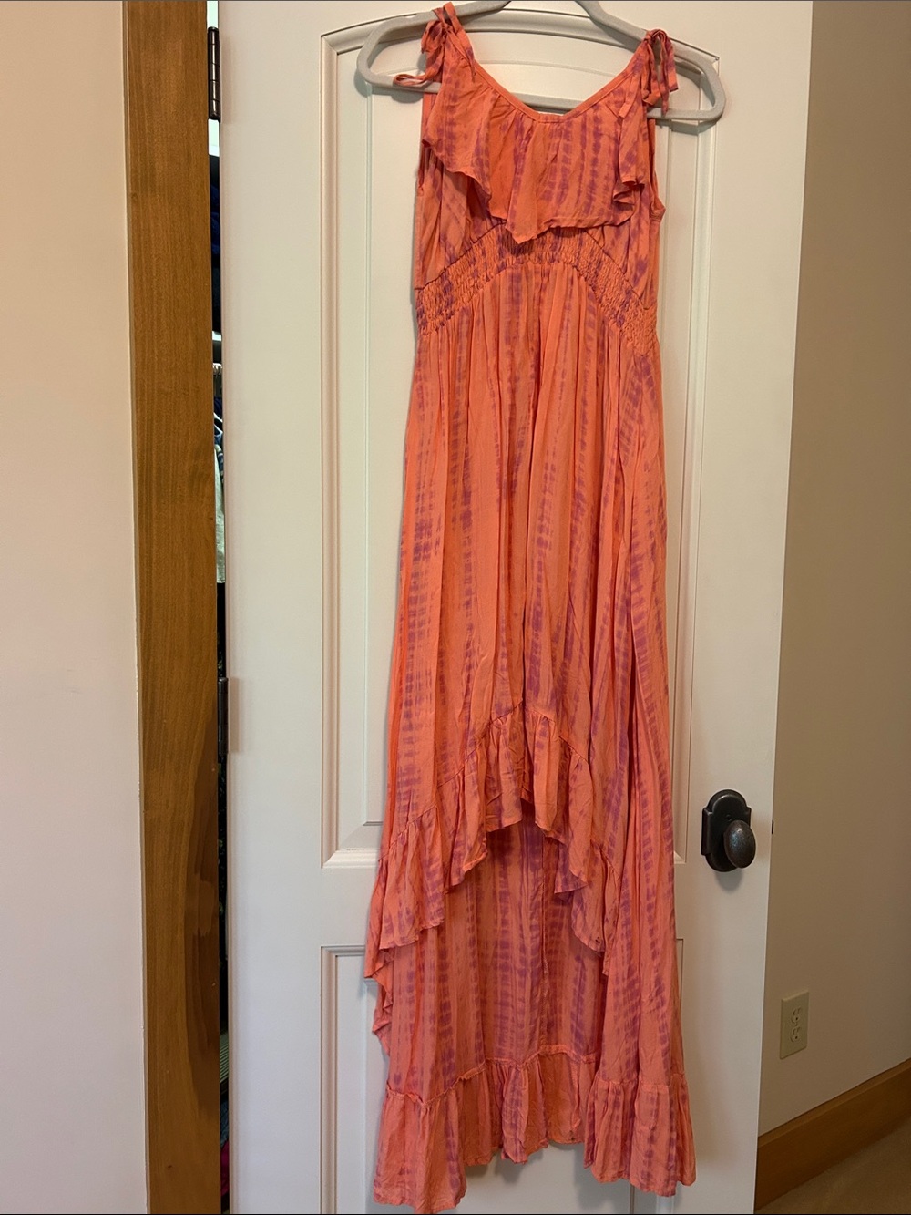 Lani Hawaii Coral-Pink Tie-Dye High-Low Ruffle Maxi Dress